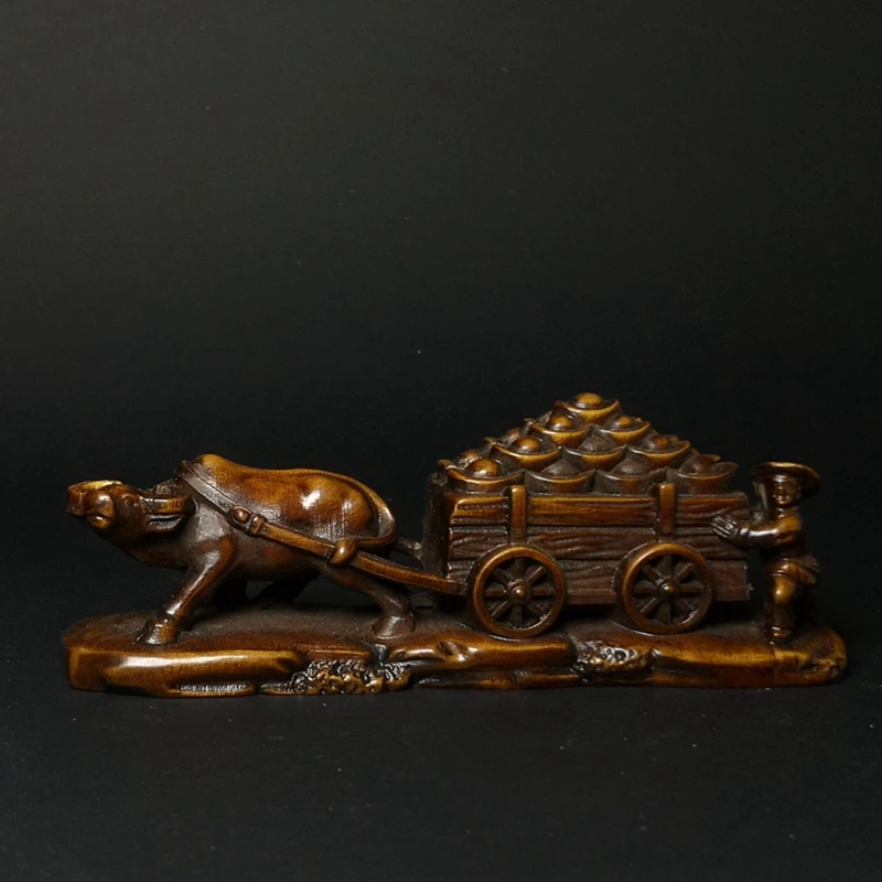 

YIZHU CULTUER ART Size 4.3 inch Old Chinese boxwood hand carved Pull the cart ingot cow ox old man statue table decoration Gift