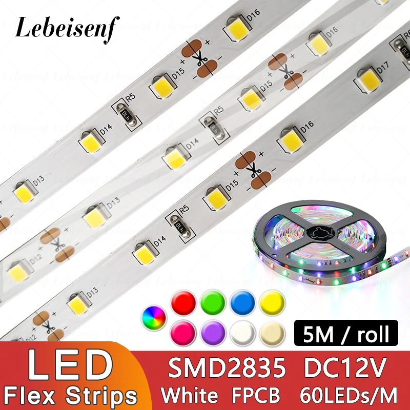 Taśma LED 5M SMD 2835 DC 12V 60 leds/m IP65 wodoodporny kolor RGB czerwony zielony niebieski żółty biały różowy fioletowy ciepły pasek świetlny