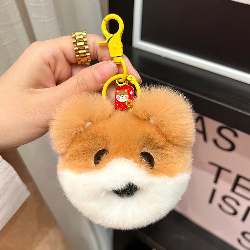 Cute Real Rabbit Fur Plush Corgi Dog Doll Key Rings Funny Anime Car Keychain Handmade Cartoon Clown Keyring Pendant Toys