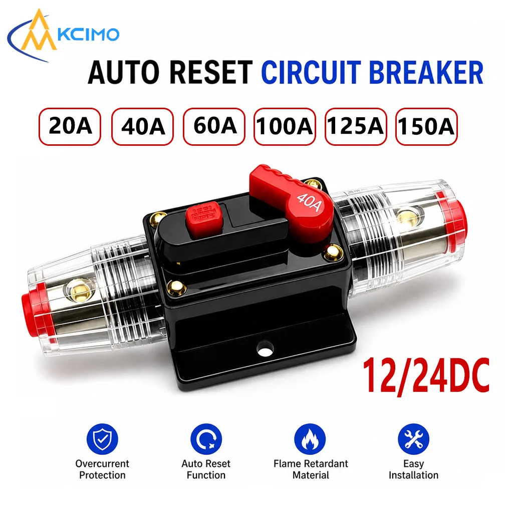 Kcimo 1Pc 12V‑24V DC Manual Reset Circuit Breaker 20A 40A 60A 100A 125A 150A Resettable Fuse for Car Bike Solar Inverter