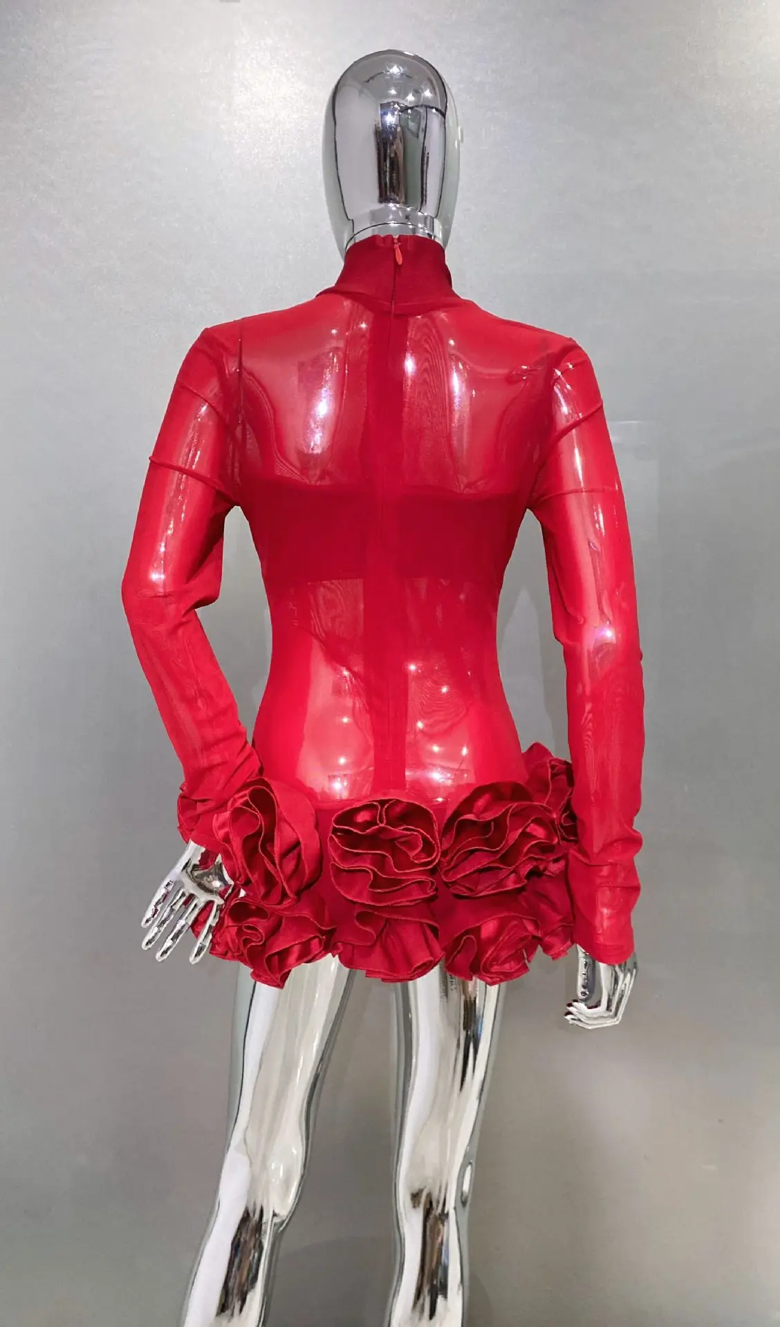 Seksowna Przezroczysta Sukienka Mini z Siateczki z Bufiastymi Rękawami, Czerwona, Seksowna Sukienka na Imprezę Urodzinową