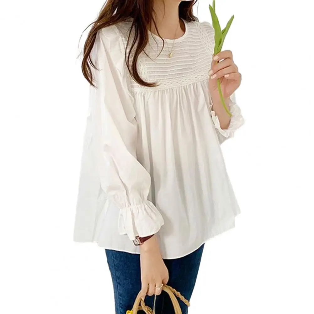 Women Shirt Ruffle Trim Blouse Lantern Sleeve Pullover Top Loose Fit Solid Color Shirt for Women Stylish Wear Option