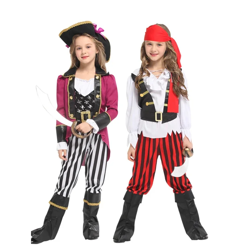 

Children Pirate Costumes Halloween Cosplay Clothes Outfits with Headwear Birthday Family Party Fancy Dress Up