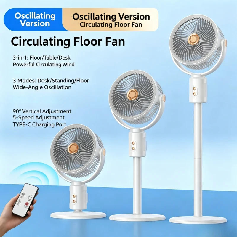 

3-in-1 Home Air Circulation Turbo Fan, Retractable Standing & Desk Fan with Remote Control, Portable Cooling Fan for Office Bedr