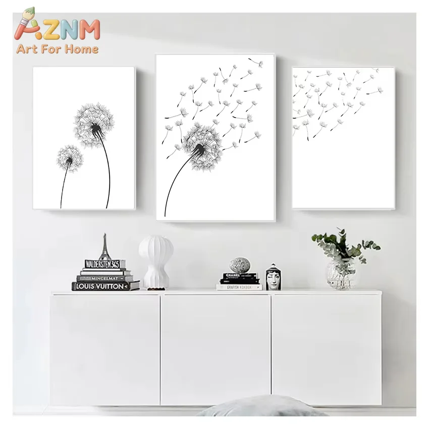 AZNM Black White Dandelion Line Canvas Wall Art Frameless Print, Minimalist Botanical Sketch Poster, Modern Living Room Home Dec