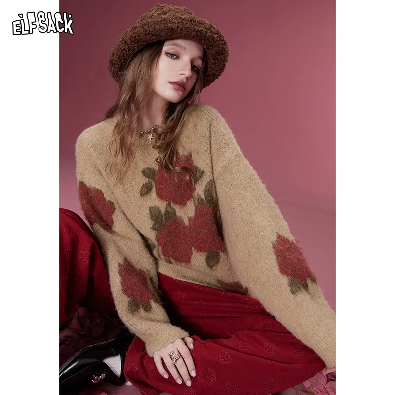 ELFSACK 2000s Retro Pullover Sweaters Women 2023 Winter Korean Fashion Luxury Designer Tops