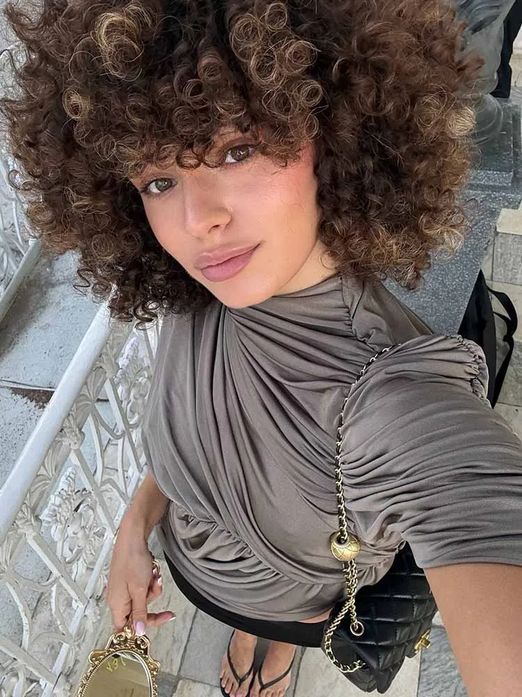 

MCDV Irregular Ruched One Shoulder T-Shirt Women Elegant Solid Y2k Short Sleeve Slim Crop Tops Fashion Versatile 2025 Street Tee