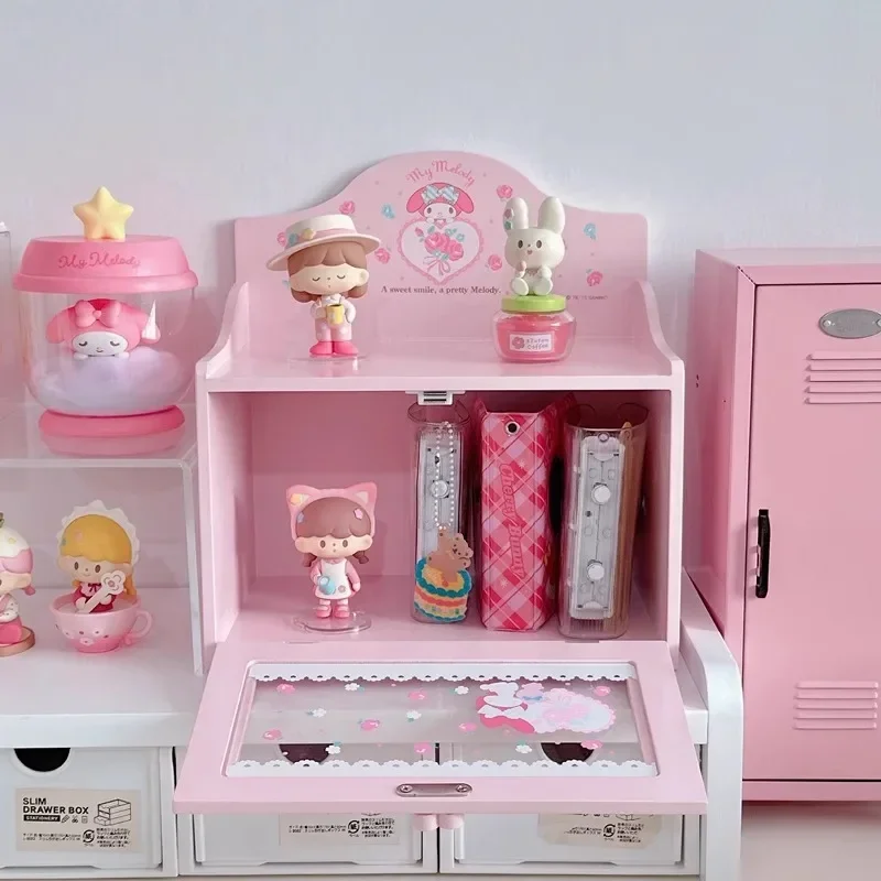 New Sanrio Cartoon Melody Wooden Desktop Jewelry Box Sundries Card Book Storage and Organizing Box Hand-made Display Cabinet