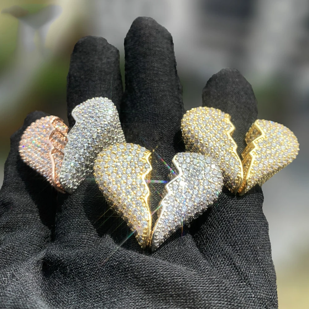 

New Micro Pave Cz Broken Heart Ring Chunky Women Men Hip Hop Iced Out Jewelry Open Bubble Love 3D Finger Accessory Rapper Gift