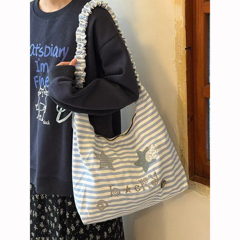 Fashion Stripe Women Shoulder Bag Large Capacity Daily Commutes Canvas Big Handbag, Casual Park Strolls, Weekend Shopping Totes