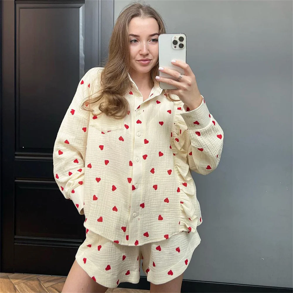 Women Cotton Tops Shorts Summer Beige with Lining V-Neck Ruffle Long Sleeve Button Blouse Shirts With Shorts Outfit