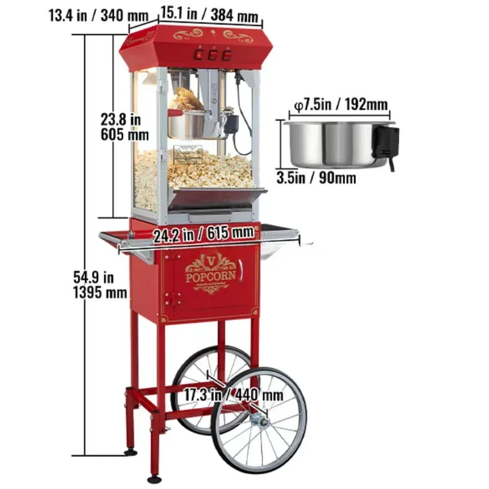 Popcorn Popper Machine,  8Oz Commercial Automatic Popcorn Maker, 850W with Cart , Maximum 48 Cups of Popcorn Per Batch