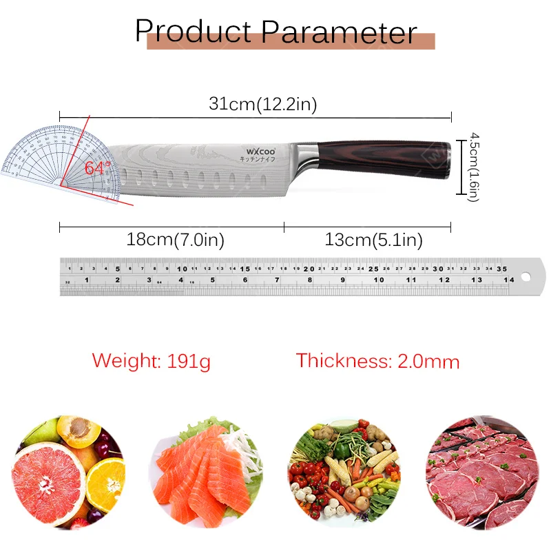 Cuchillo de cocina profesional tipo Santoku, de acero inoxidable, con mango de madera, ideal para el uso doméstico y la preparación de alimentos, se entrega en una caja de regalo.