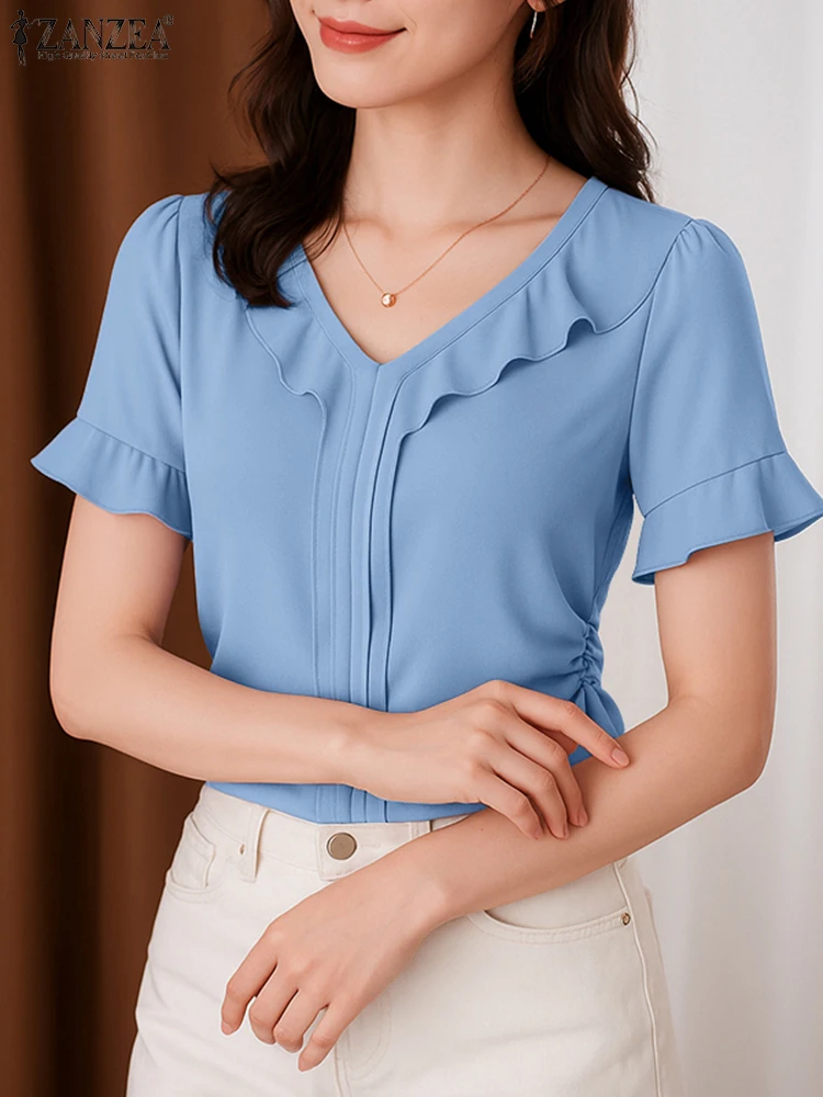 

ZANZEA Graceful Ruffle Trim Blouses Women Elegant V-Neck Short Sleeve Blue Blusas Mujer Summer 2025 Fashion Solid Color Tops