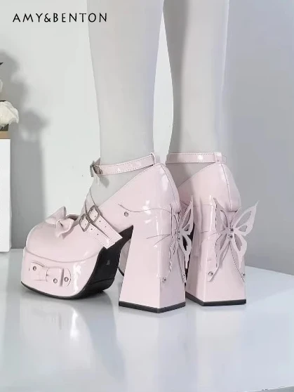 

Three-dimensional Butterfly Sweetheart Girl Mary Jane Shoes Rivet Bow Round Toe Waterproof Platform Chunky Princess High Heels