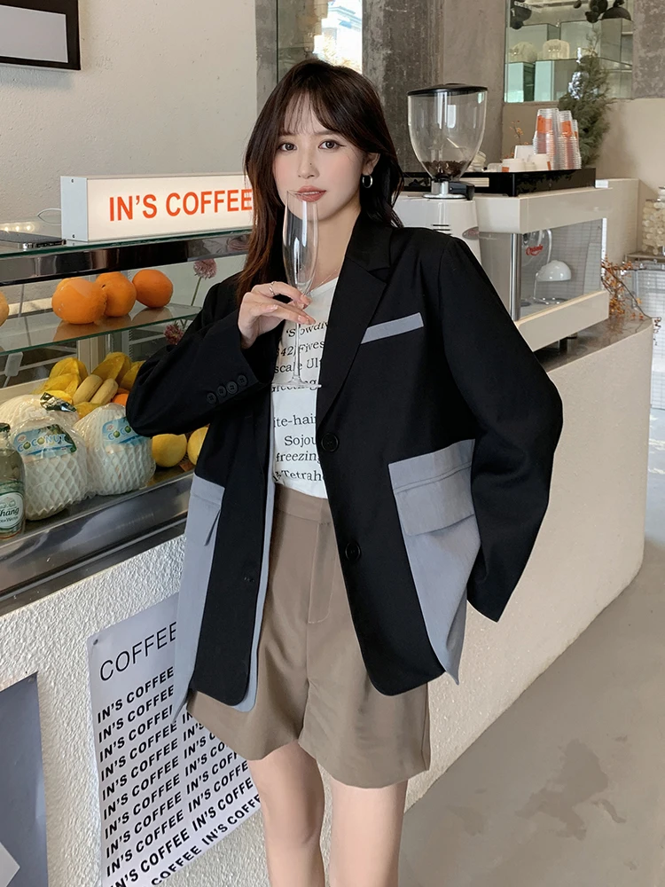 LANMREM Patchwork Blazer For Women Notched Long Sleeves Contrast Color Single Breasted Irregural Coat Fashion 2024 New 2Z1261