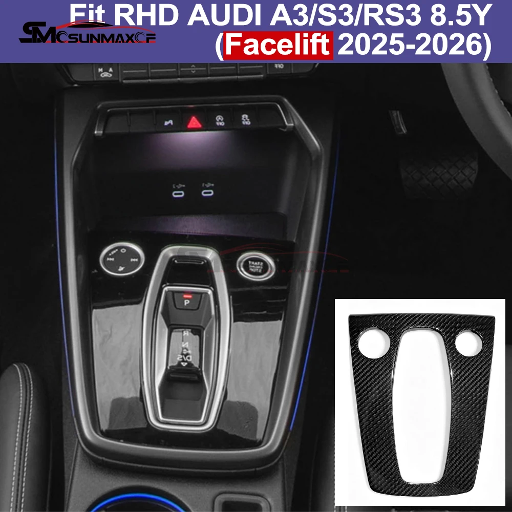 For Audi A3 8.5Y S3 RS3 Facelift 2025-2026 RHD Real Dry Carbon Fiber Center Console Gear Shift Panel Trim Cover Interior Sticker