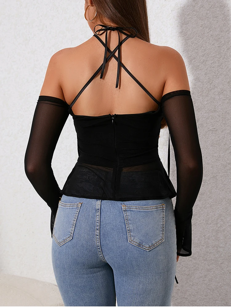 NewAisa Sexy Bandage Black Blouse Women Summer Off Shoulder Long Sleeves Tops Party Night Clubwear Autumn Backless Solid Shirts