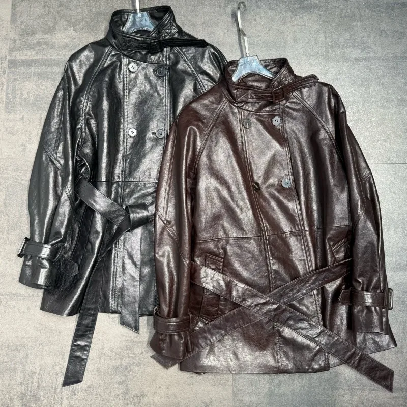 Office Ladies Loose Single-Breasted Genuine Leather Jackets Solid Color Turn Down Collar Long Sleeves Pockets Sheepskin Outwear