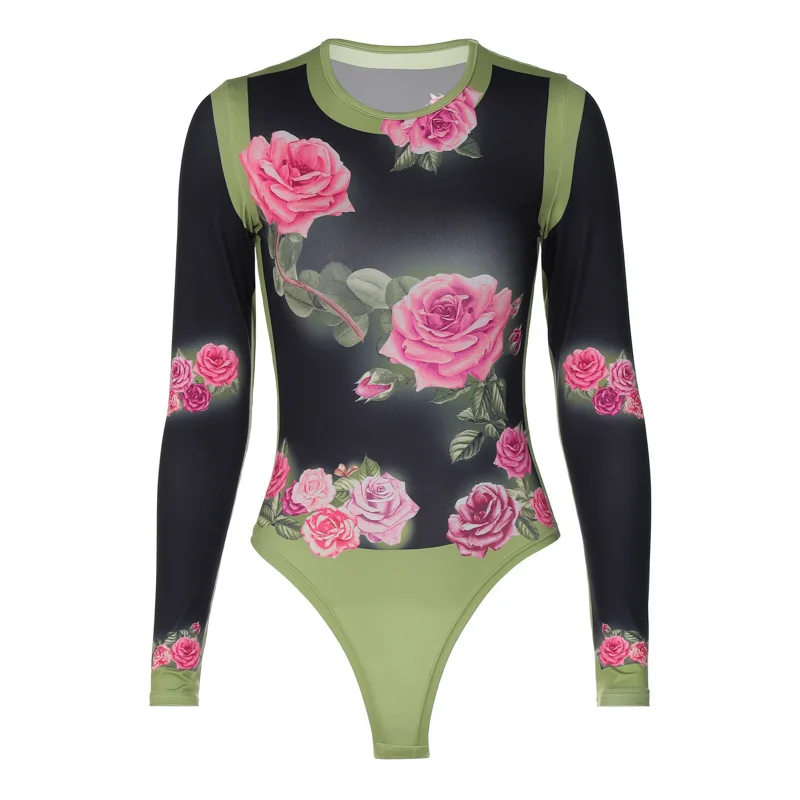 Crystal Bodysuit Print Flower Long Sleeves Sexy Wholesale Drop Shipping Vocation 2023 Summer Autumn For Women Party Clubwear