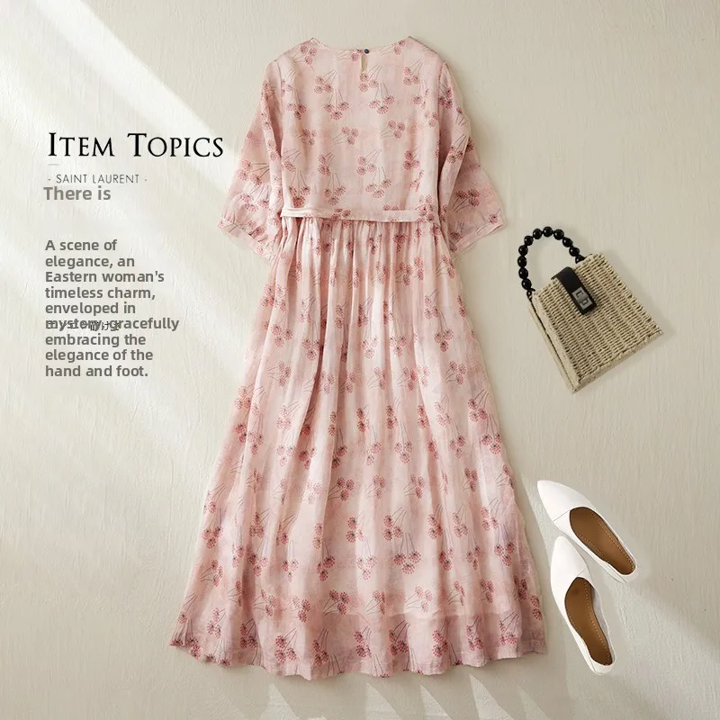 핑크 플로럴 코튼 린넨 롱 스커트 여성용 휴가 요정 스타일 라운드 넥 루즈핏 허리 여유 통근 스타일 여름 원피스