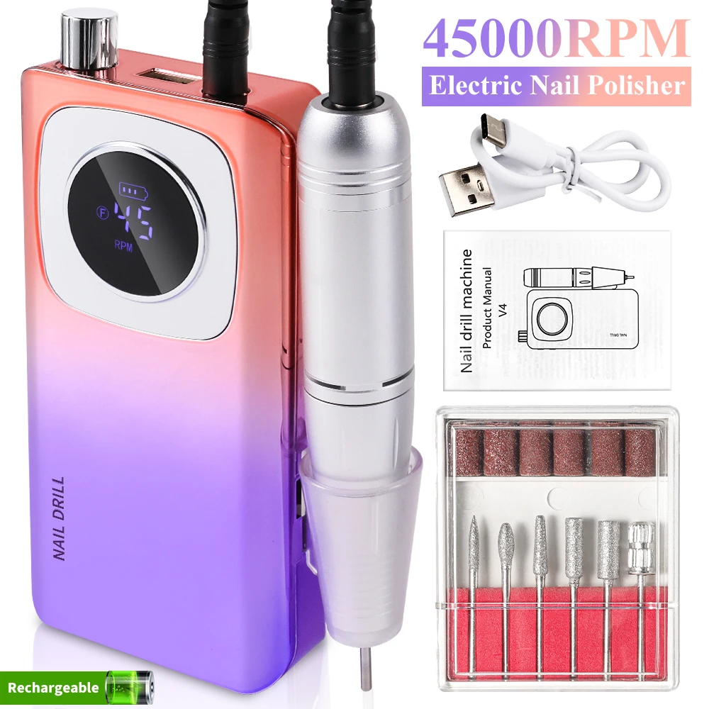 Trapano per unghie portatile elettrico a batteria da 45000 giri/min Lima per levigatrice per unghie ricaricabile professionale per strumento per salone di manicure