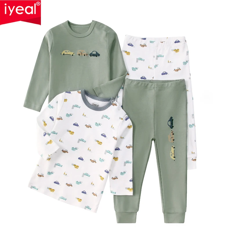 IYEAL Boys Girls Cotton Pajamas Toddler Spring long sleeves Baby Nightwear Pyjamas Kids Cartoon Homewear Clothes 4Pcs