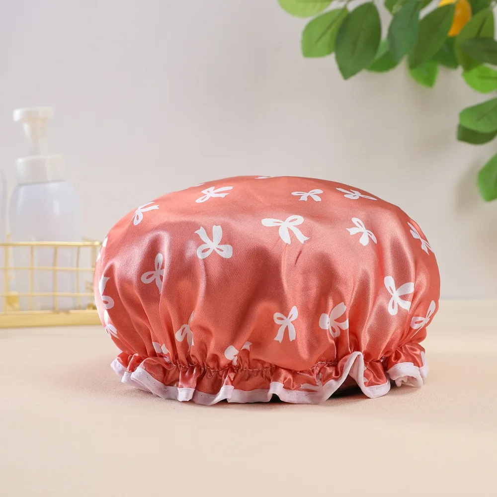 

Cute Waterproof Double Layer Shower Caps Anti-Fouling Reusable Hair Hat Elegant Bow Pattern Design Thickened Shampoo Cap Adults