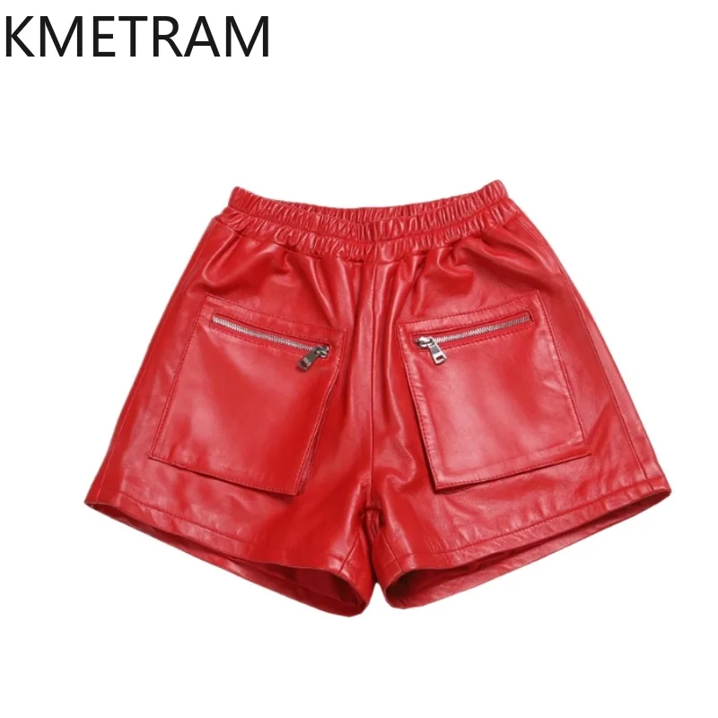 

KMETRAM 100% верхние слои шорты из овчины для женщин, красные мини-шорты из натуральной кожи, осень-зима 202, женская одежда шорты