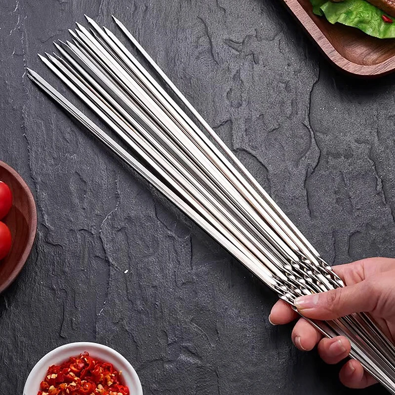 10Pcs Silver Stainless Steel Barbecue Skewer Reusable Grill Sticks BBQ Fork BBQ Utensil Kitchen Outdoor Camping Tool