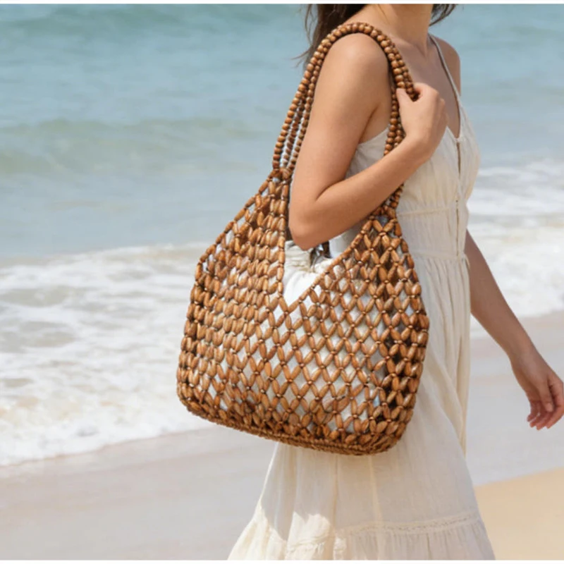 Ahornholz-Perlen-Handtasche, Damen Große Kapazität Hohle Strand-Urlaubstasche, Sommerliche Lässige Schicke Handgewebte Tragetasche – Detail 11