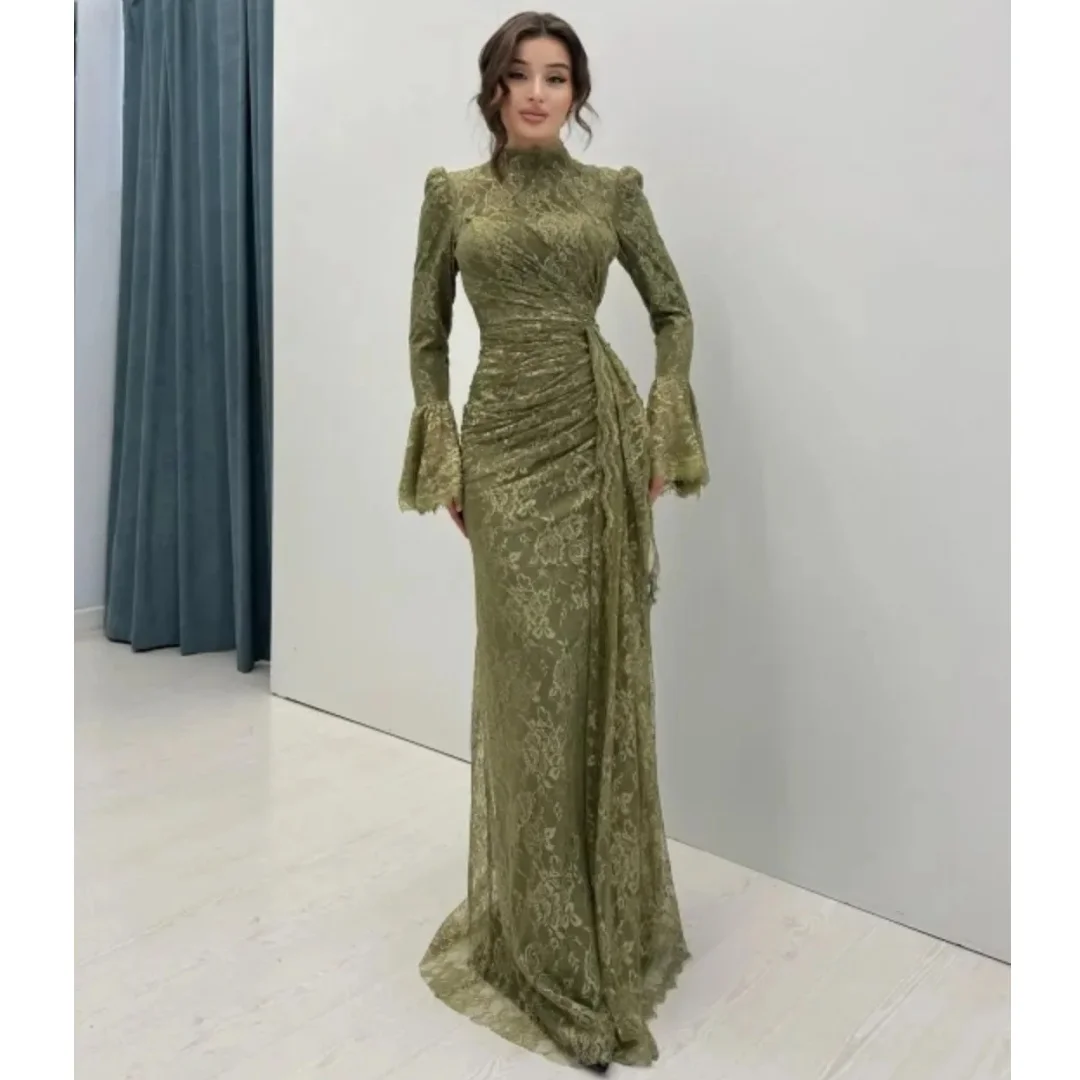 

Elegant Lace Evening Dresses Woman Long Sleeves Prom Dress High Collar Pleat Wedding Party Gown Customized Vestidos