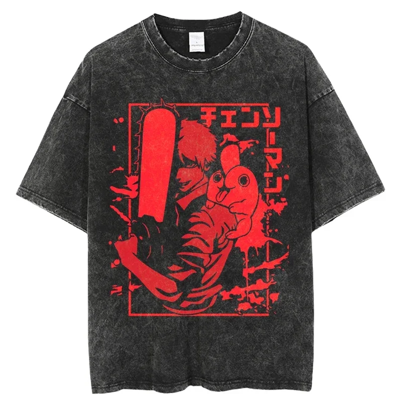 

Punk Chainsaw Man Graphic Print Unisex O-Neck Tshirt Vintage Washed Men Harajuku Streetwear Short Sleeve Oversize Tops Tees