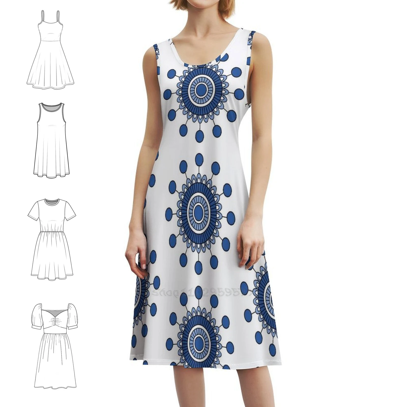 فستان عطلة مثير على شكل زهرة ماندالا الزرقاء للنساء لحفلات الشاطئ وأعياد الميلاد فستان قصير لحديقة الزهور بنمط الأزهار الطبيعة النسائية #1