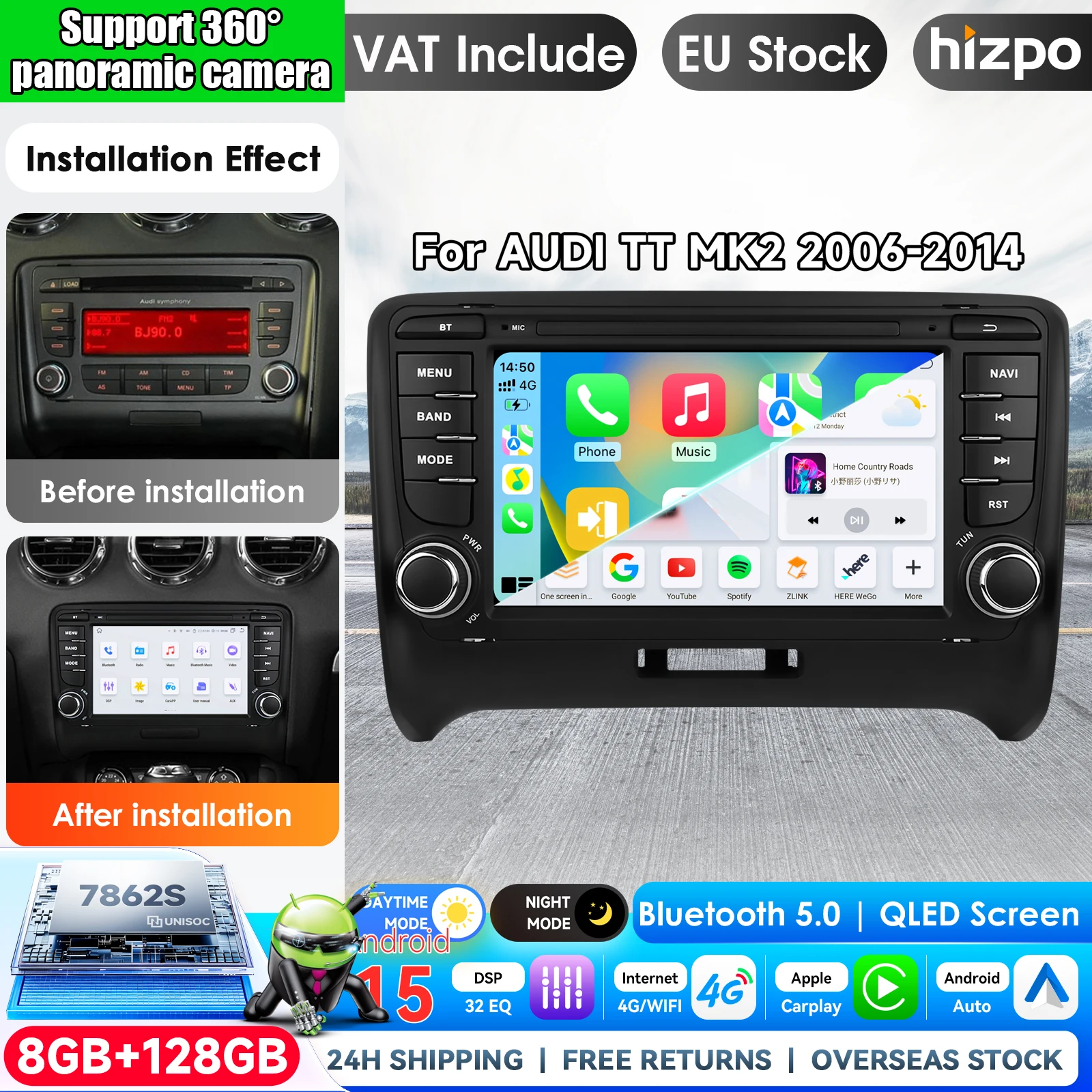 Hizpo 7 Zoll Wireless CarPlay Android Auto Autoradio AUDI TT MK2 2006 - 2014 Multimedia Wireless Apple CarPlay Intelligente Systeme IPS Touchscreen Stereo Videoplayer 2Din Autoradio Head Unit