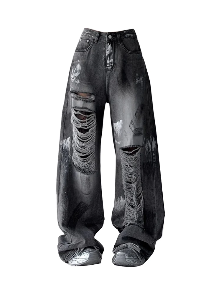 Street Sle AmericanInspired Denim Jeans Mujer Pierna recta suelta Diseño rasgado y parcheado Pantalones largos de cintura alta Ropa de verano