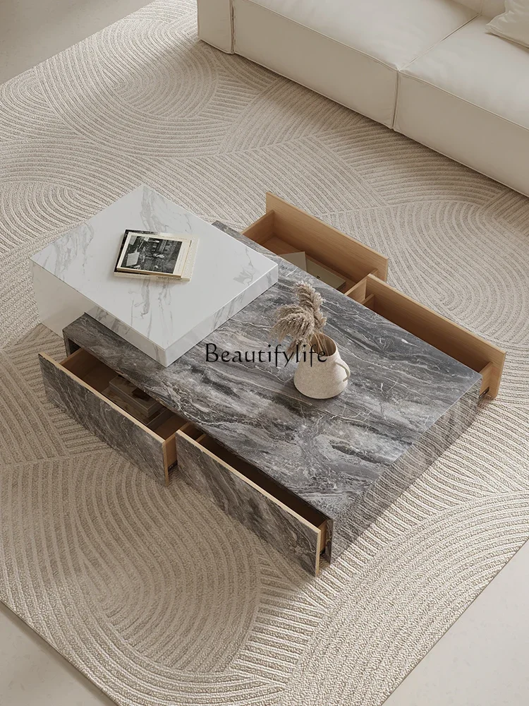 

yj21 Italian Minimalist Rectangular Extendable Coffee Table Modern Simple Living Room High-end Luxury Stone Pattern Rock Board
