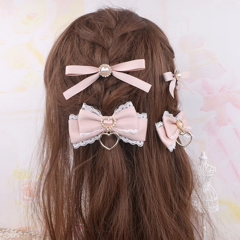 Женственные заколки для волос в стиле Лолиты, пара аксессуаров для волос, милый бант, лента, корейский декор для волос в стиле джирай, боковые заколки для девочек и женщин, заколки для волос