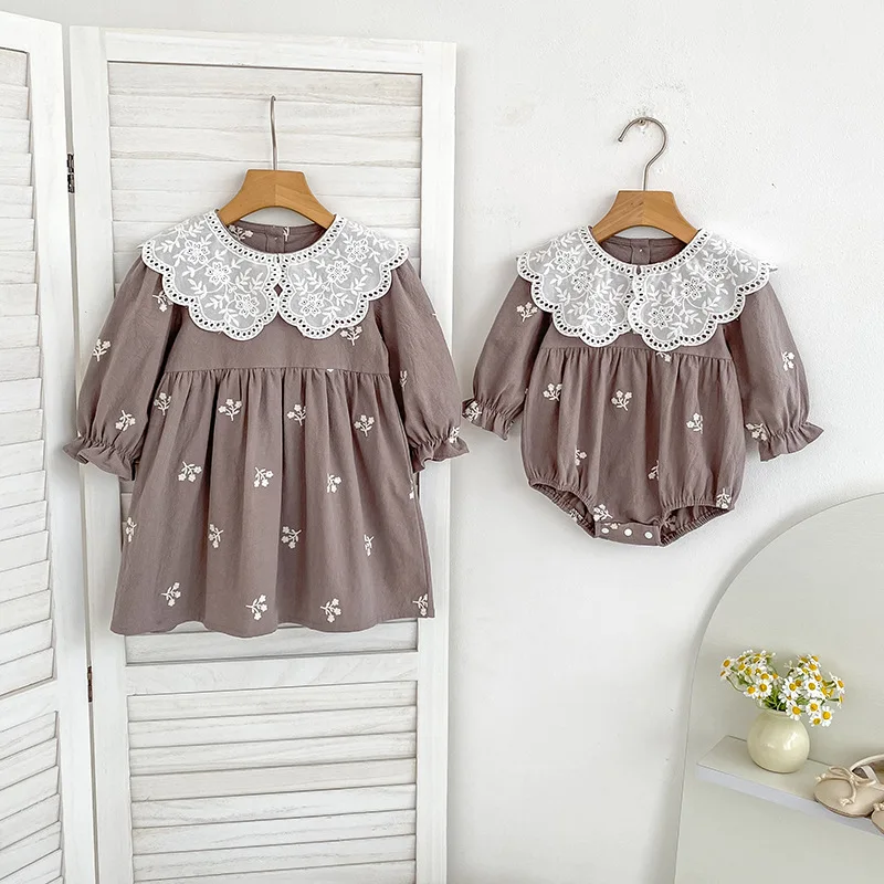 

Baby Girls Princess Dresses Autumn New Floral Embroidered Long Sleeve Sister Matching Outfits Toddler Flower Girl Rompers 0-8T