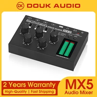 Douk Audio MX5 Mezclador de audio mono/estéreo de 4 canales Mezclador de línea de ruido ultrabajo Medidor de nivel LED de 6,35/3,5 mm para Club/Studio DC5V