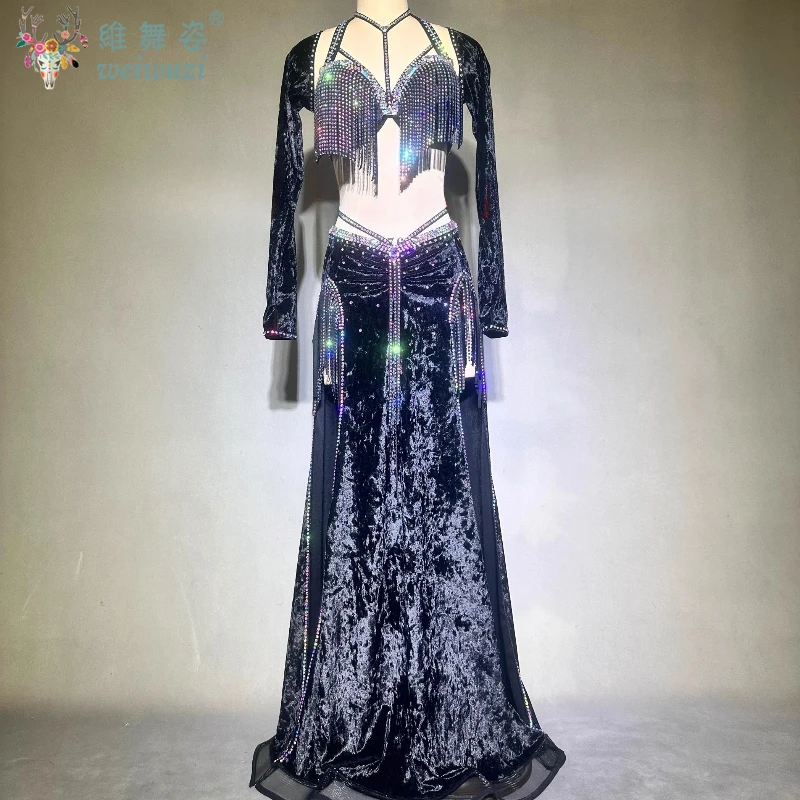 밸리 댄스 블랙 퍼포먼스 의상 여성용 밸리 댄스 경연 대회 슈트 브라 + 긴 소매 + 피쉬 테일 스커트 댄스 복장