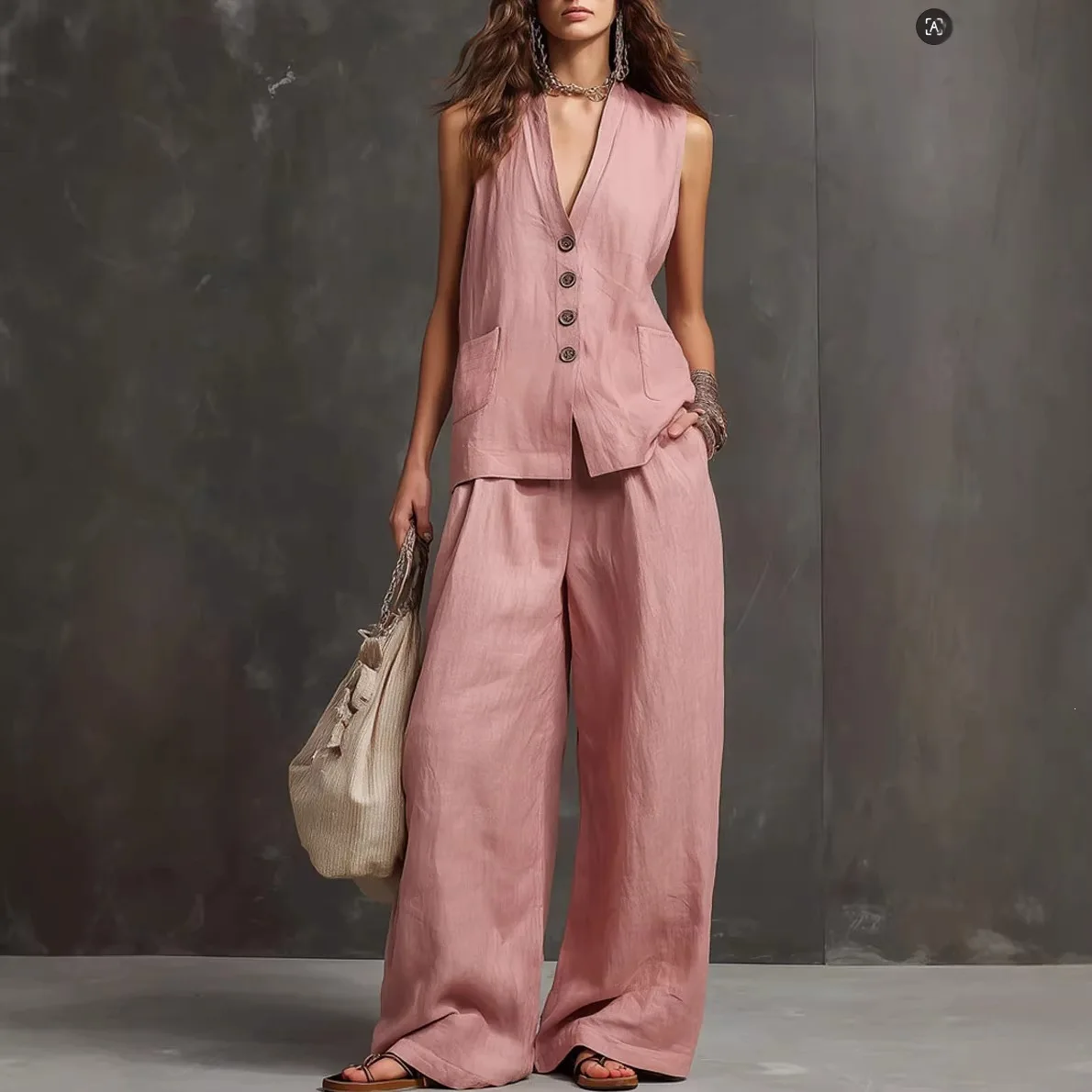 

European and American Summer Women's Linen Suit Sleeveless Vest+wide Leg Pants Two-piece Set