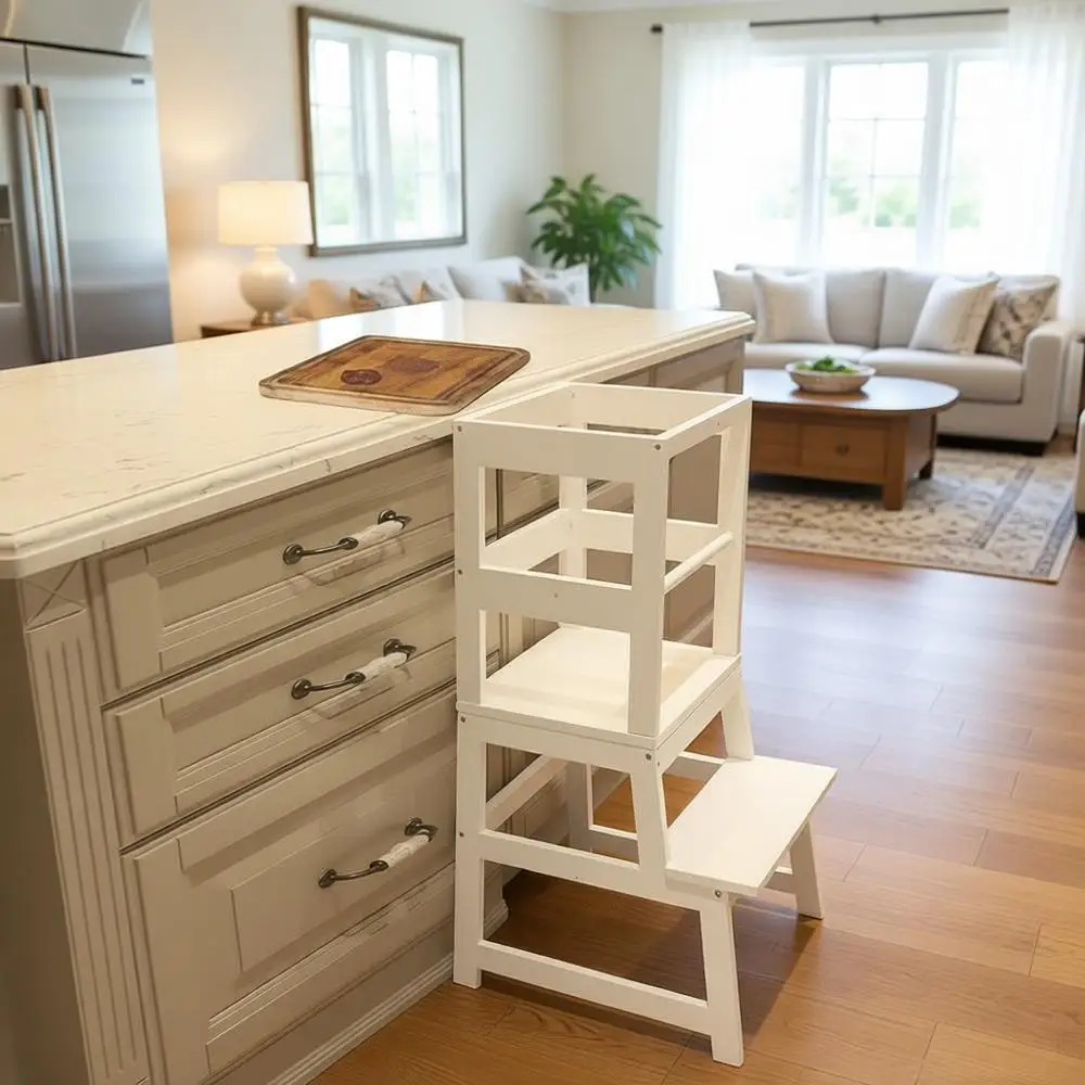 

Белая деревянная подставка-ступенька для малышей с нескользящим ковриком для доступа к столешнице и раковине