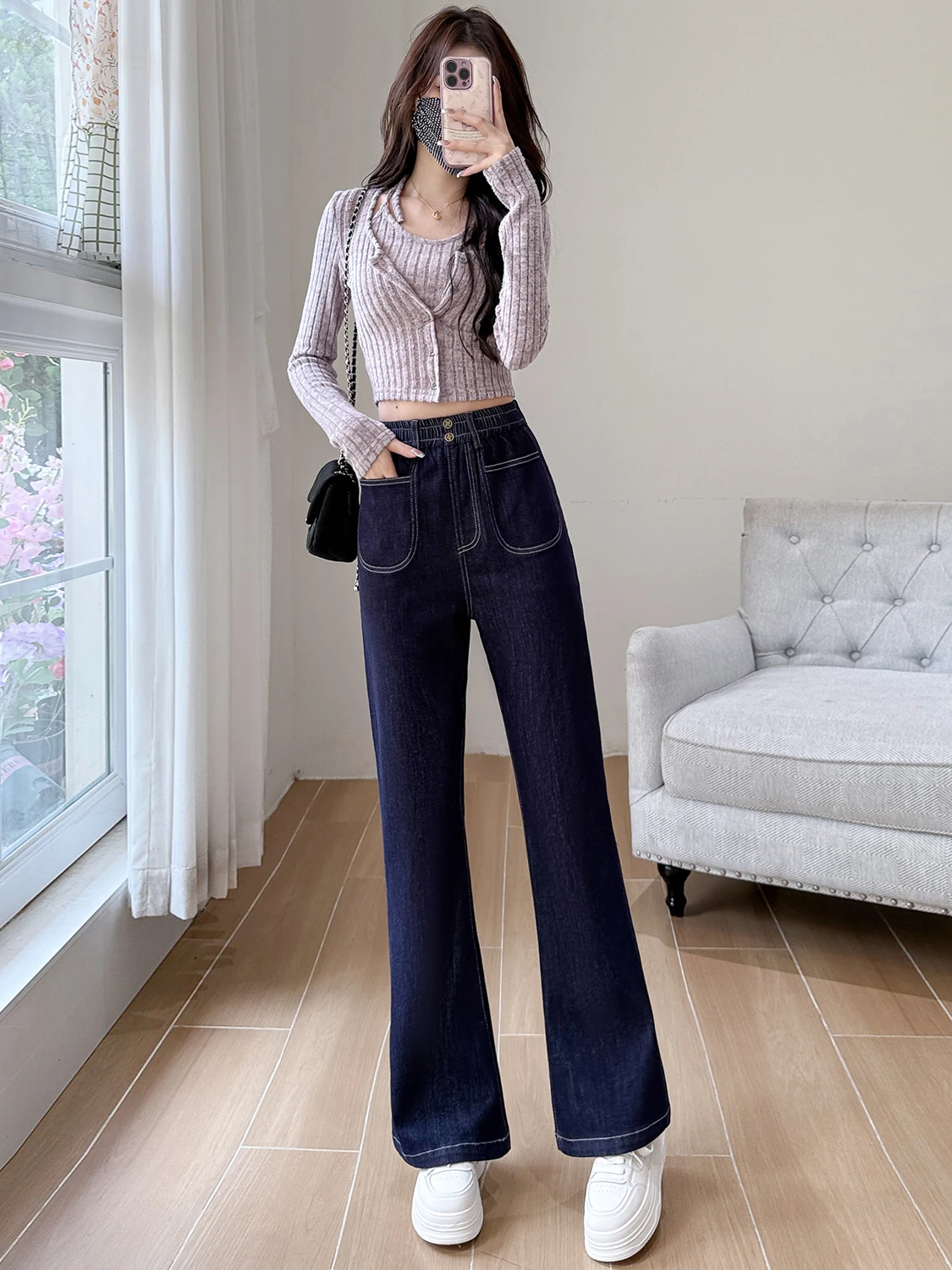 ارتفاع الخصر واسعة الساق جينز غير رسمي فضفاض صالح مطاطا الدنيم الطابق طول السراويل النسائية الخريف Faion حجم كبير بناطيل كاجوال