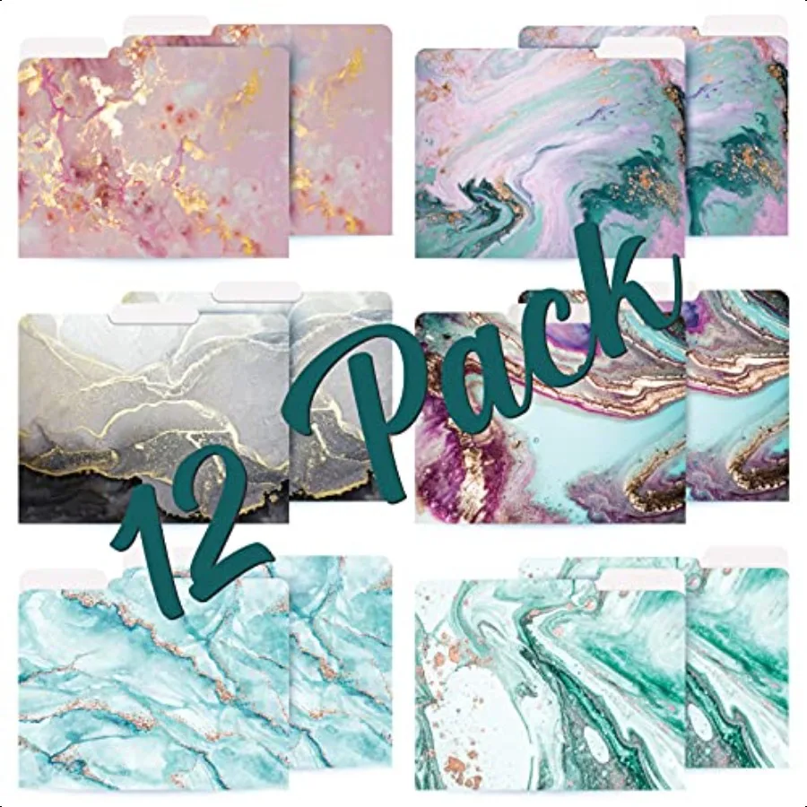โฟลเดอร์แฟ้มตกแต่ง 12 แพ็ค 6 แบบตัวอักษรเฮฟวี่เวทขนาด 9.5 x 11.5 พร้อม 1 3 Cut Tab Marble Designs แฟ้มแฟชั่น