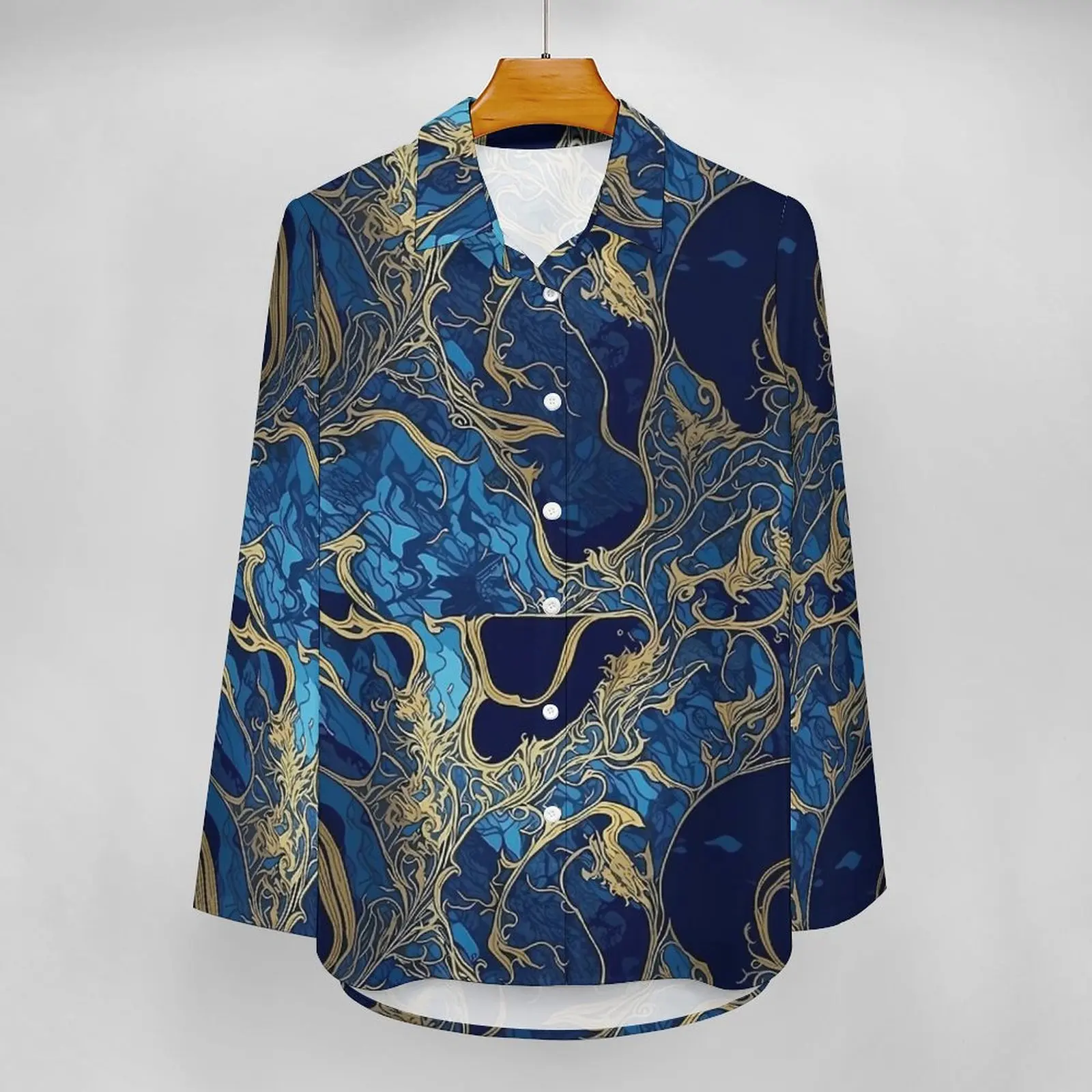 Abstract Japanese Seigaiha Casual Blouse Blue and Gold Office Work Blouses Lady Long Sleeve Basic Shirts Spring Oversize Clothes