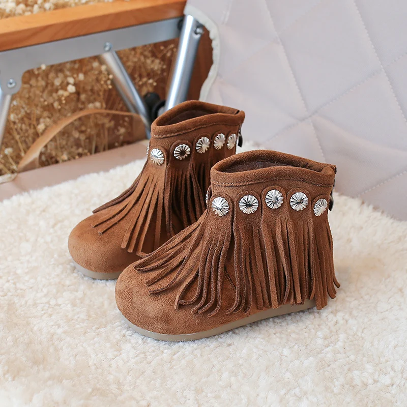 Toddler Girls Fringes Suede Leather Boots 2026 New Winter Kids Thermal Ankle Boots Non-slip Simple Retro Style Party Footwear