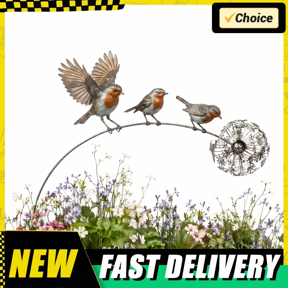 Robin Garden Stake with Dandelion Accent Outdoor Yard Art Stake Rustic Bird Yard Art Garden Ornament for Lawn Patio Flower Bed