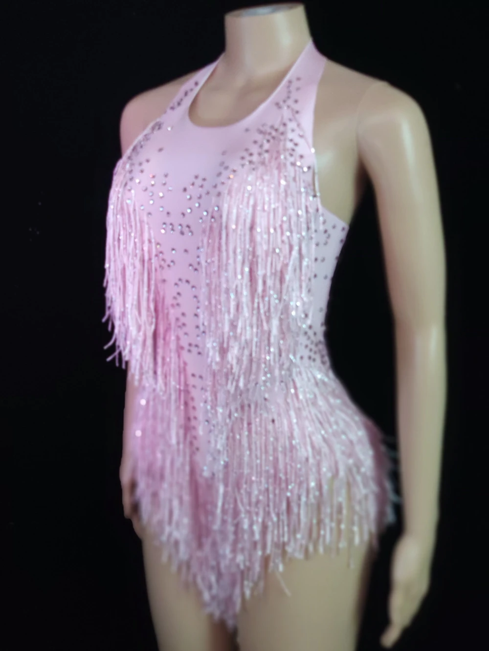 Sparkly Strass Fransen Rosa Body Frauen Nachtclub Dance Outfit Glisten Quaste einteiliges Bühne Tragen Sänger Sexy Trikot