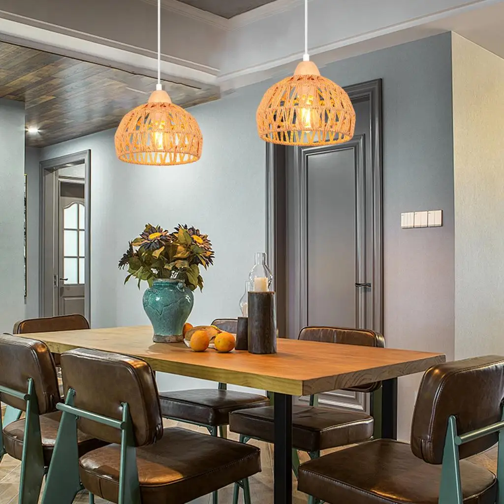 Boho Rattan Pendant Light Fixture Vintage Industrial Hand Woven Hemp Rope Hanging Lamp Retro Wicker Basket Ceiling Chandelier